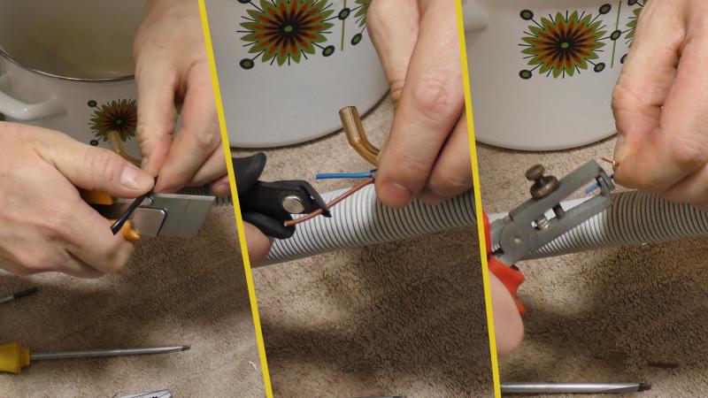 Stromkabel des Magnetventils abmanteln und Drähte abisolieren Stromkabel des Magnetventils abmanteln und Drähte abisolieren